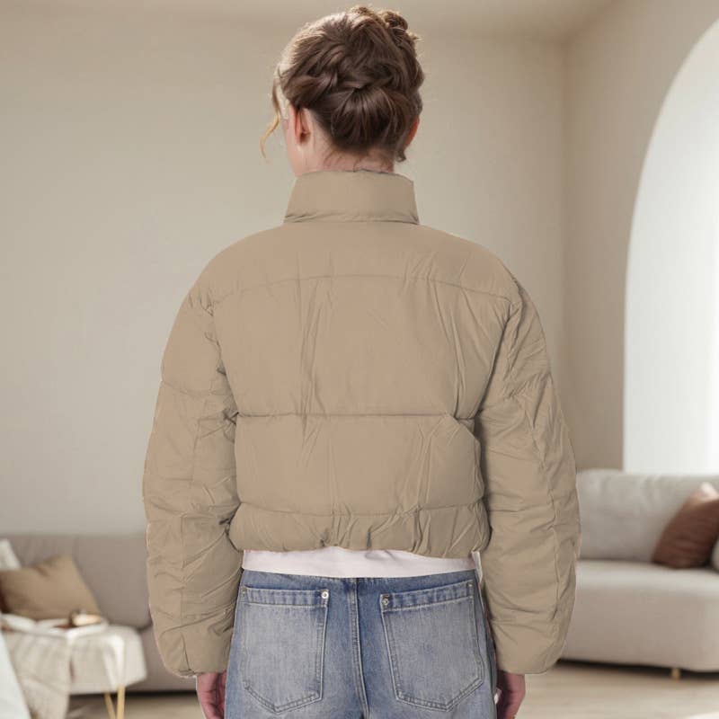 SOLID COLOR STANDING COLLAR WARM SHORT JACKET