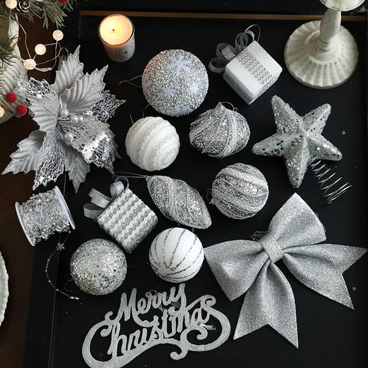Silver Foam Glitter Xmas Balls Bows Tree Topper