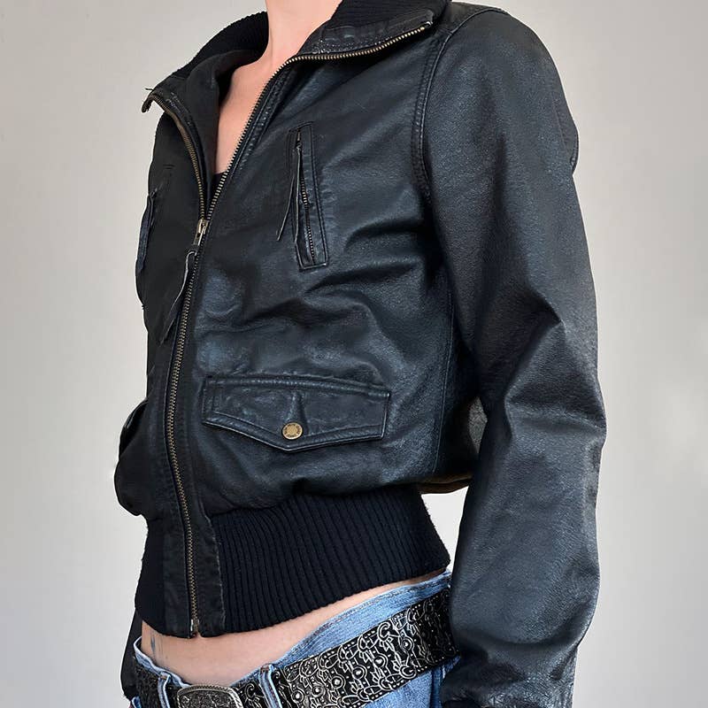 TOOLING PU LEATHER SPLICING RIBBED WAIST CARDIGAN