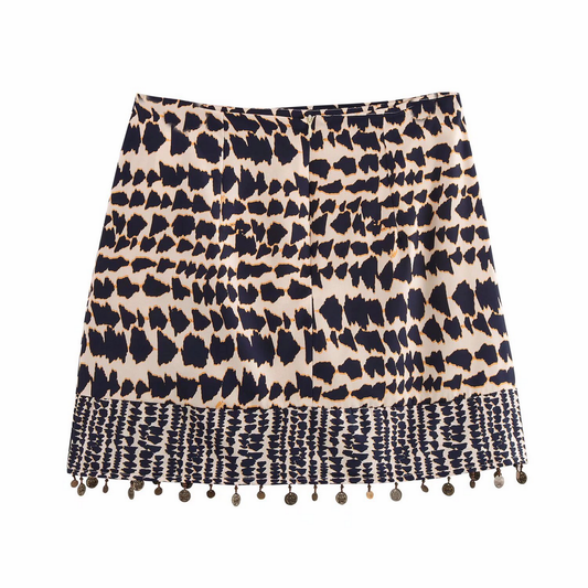 High Waist Beaded Skirt with Vintage Print