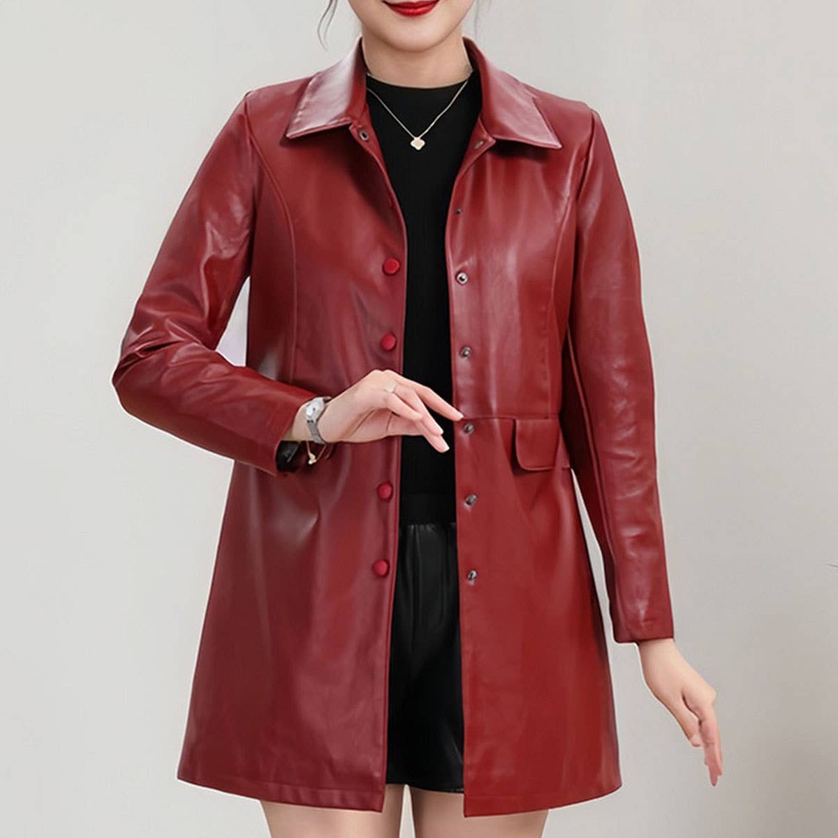 Slim Fit Mid-Length PU Jacket ??Leather Coat_CWMM9022