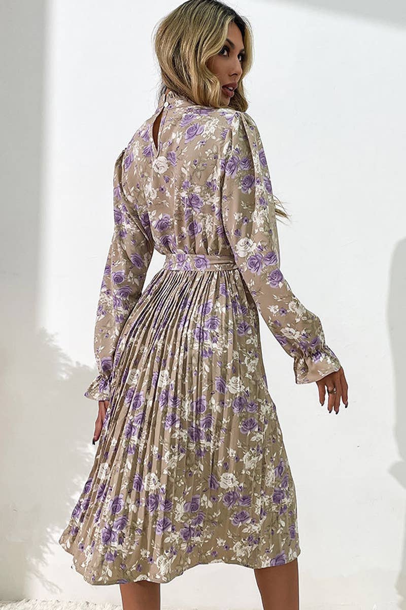 PRINTED LONG-SLEEVED HALF-TURTLENECK DRESS