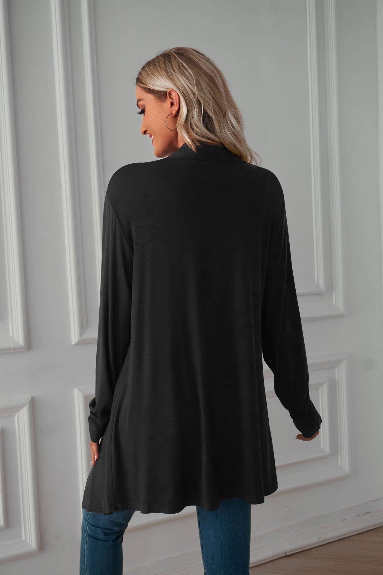 Solid-color,buttonless long-sleeved cardigan