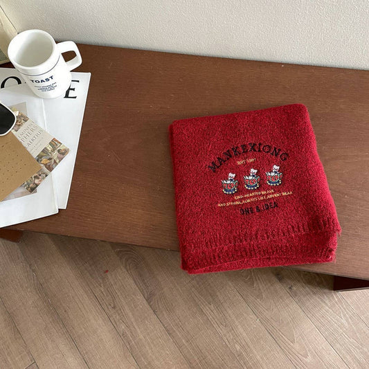 CUTE BEAR EMBROIDERY SOLID COLOR KNITTED SCARF