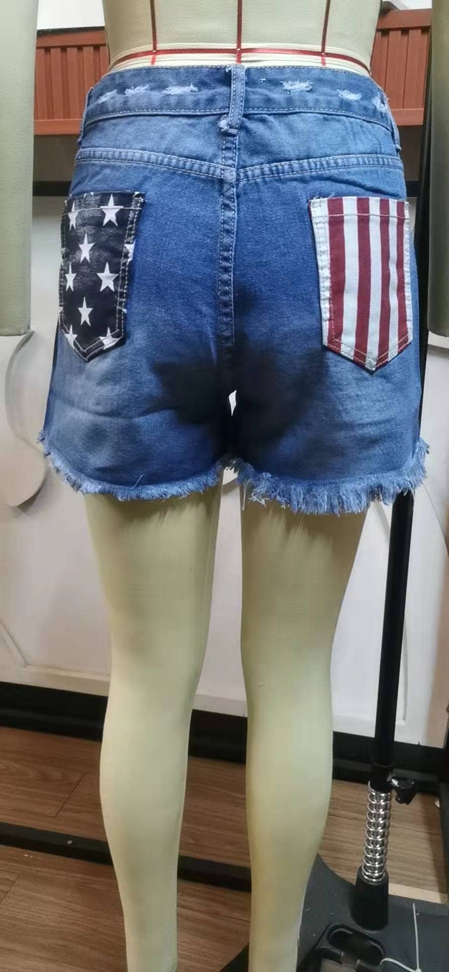 USA Flag Print Distressed Button Fly Denim Shorts