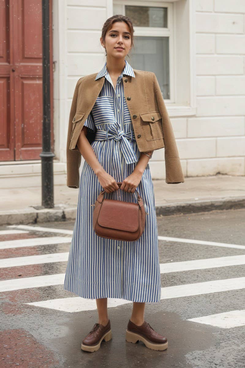 CWDMD6371_STRIPED BELTED CINCHED WAIST SHORT SLEEVE DRESS