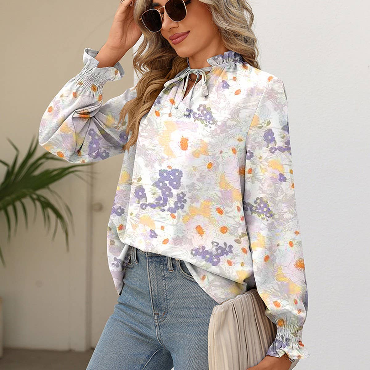 V-neck lace-up printed stand-up collar shirt
