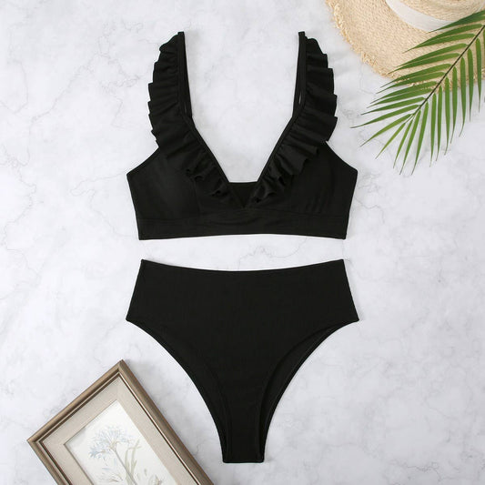 High-Waisted V-Neck Ruffled Bikini Swimsuit