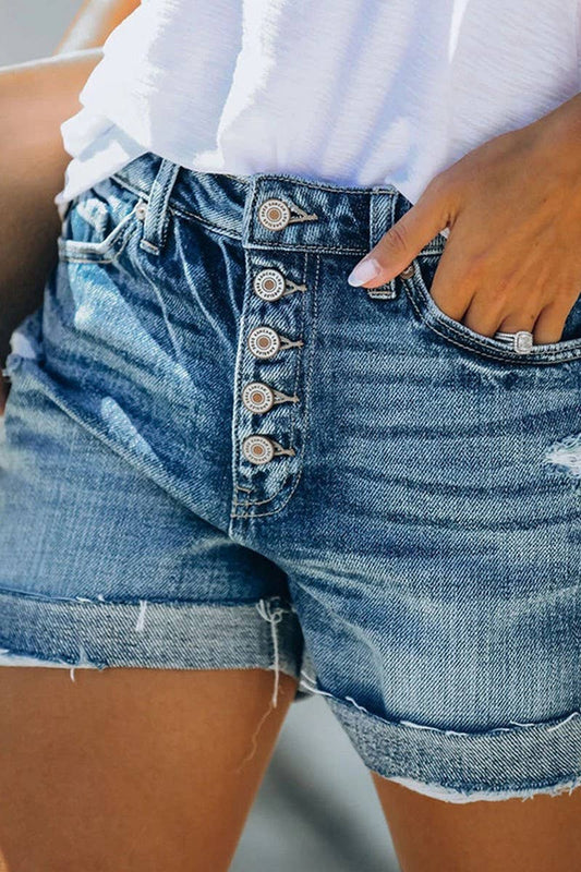 CWJS0308_BUTTON FRONT HIGH WAIST ROLLED HEM DENIM SHORTS