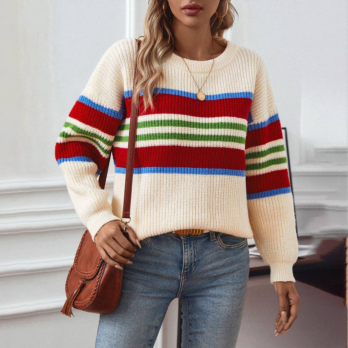 STRIPED PULLOVER FASHION CASUAL CREW NECK SWEATER