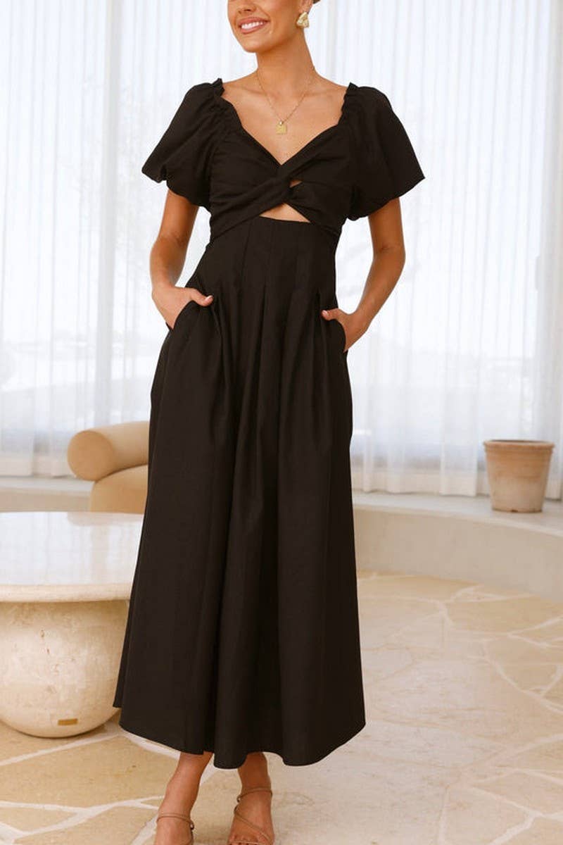 CWDMD5652_SOLID V-NECK LONG PUFF SLEEVE SLIM MAXI DRESS