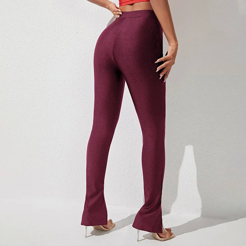 Fashion solid color small feet open flared pants