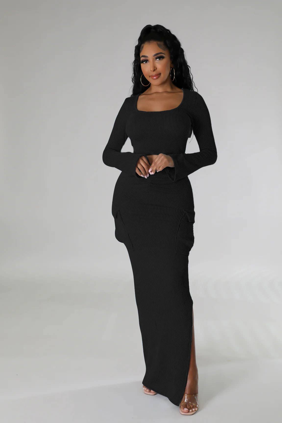 U-NECK TIGHT TOP LONG SKIRT TWO-PIECE SET