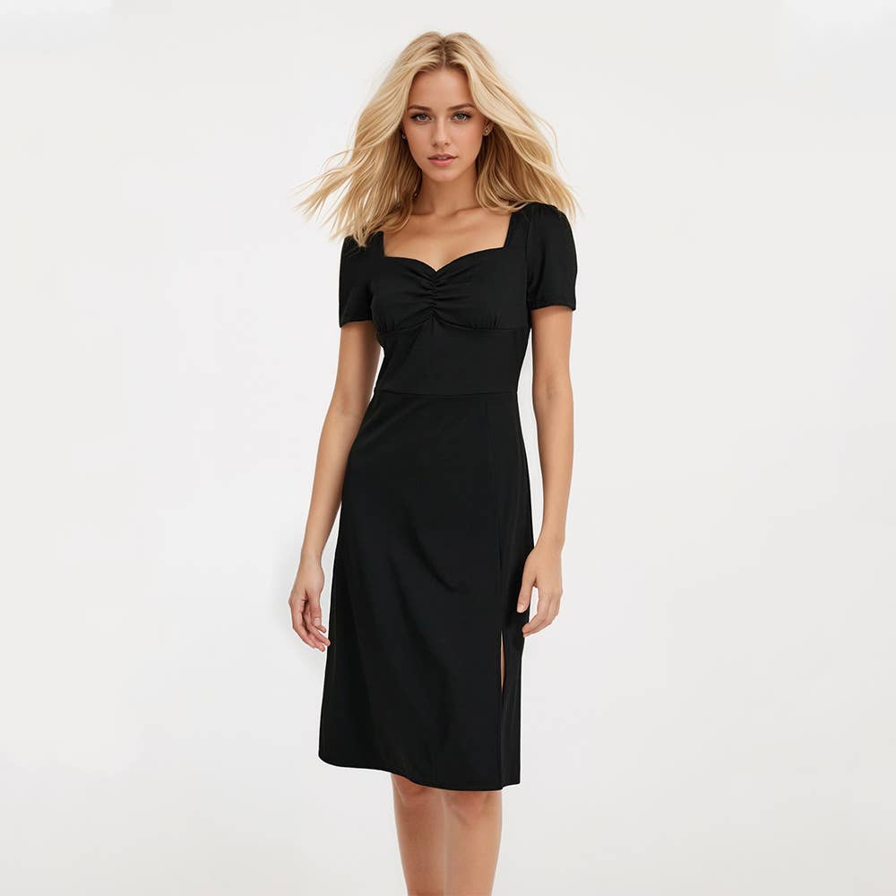 Retro square collar slim-fit pleated waist dress