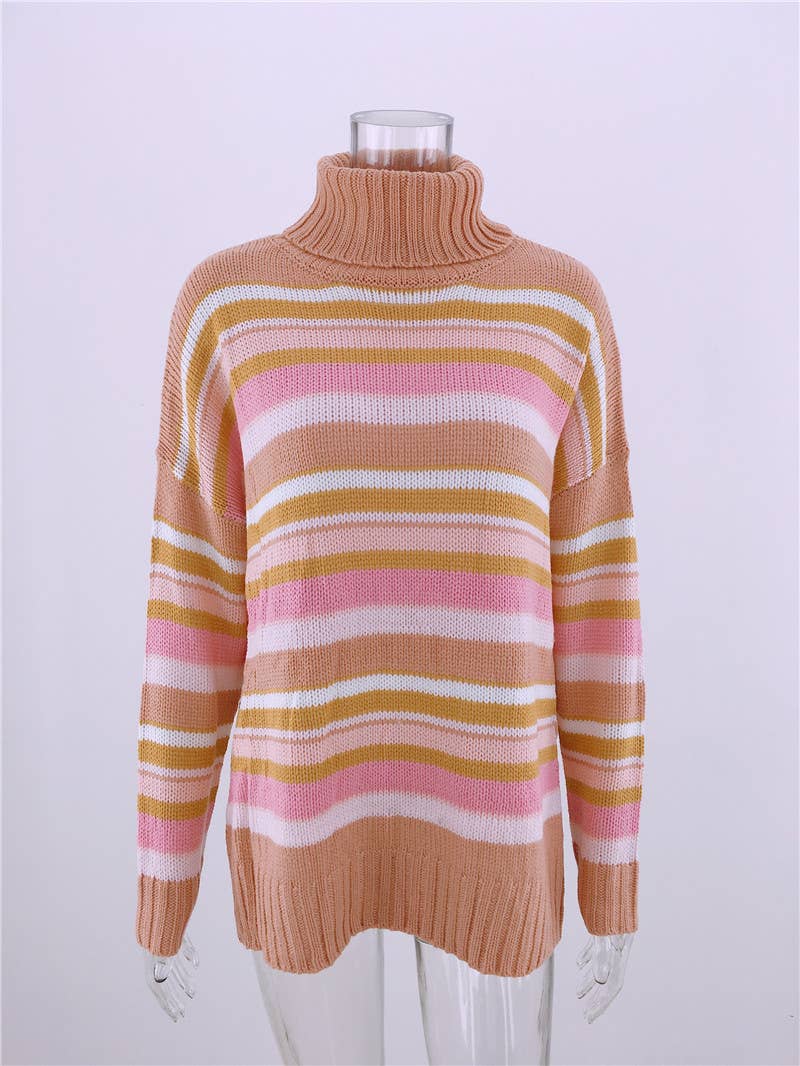 RAINBOW STRIPED PATCHWORK KNIT PULLOVER SWEATER_cwoswl2316