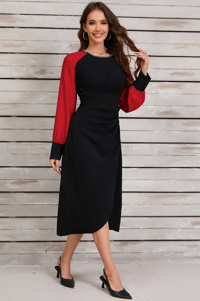 CWDSD6459_CONTRAST COLOR IRREGULAR METAL NECKLACE DRESS