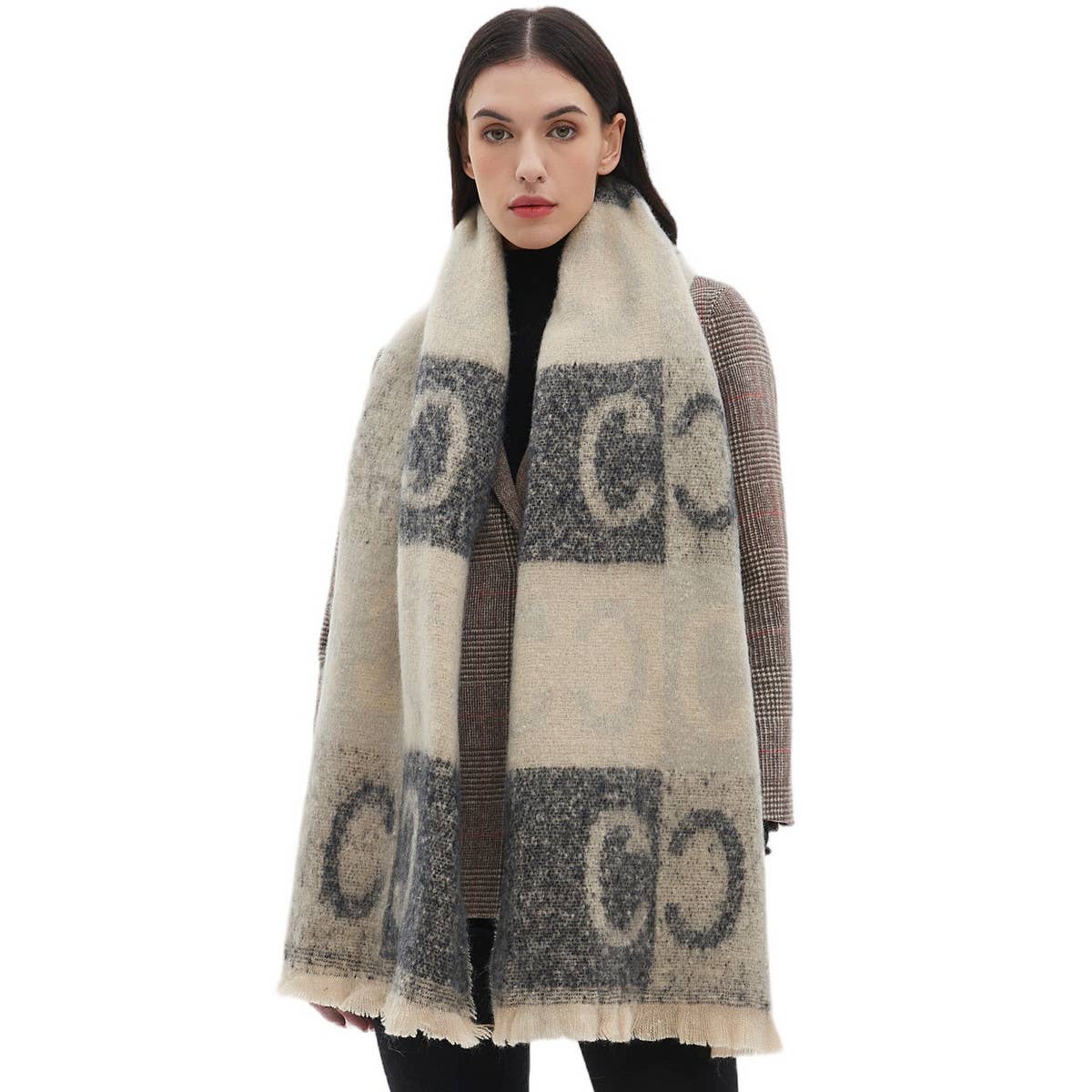 Letter Jacquard Scarf ? Winter Short Fringe Wrap