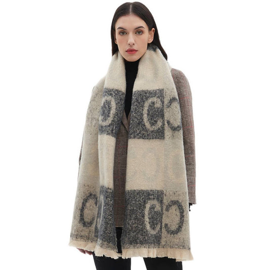 Letter Jacquard Scarf ? Winter Short Fringe Wrap