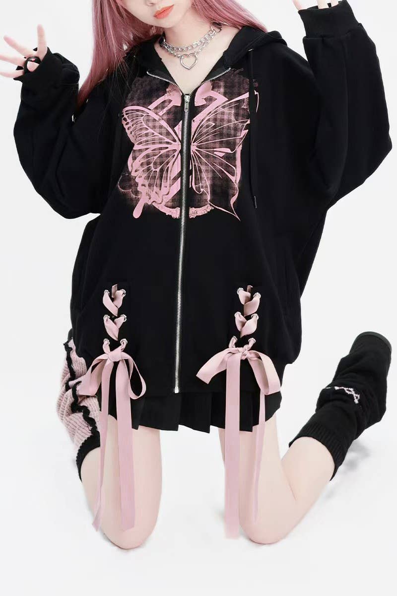 CWOHOL1114_BUTTERFLY PRINT ZIP UP LOOSE HOODIE JACKET