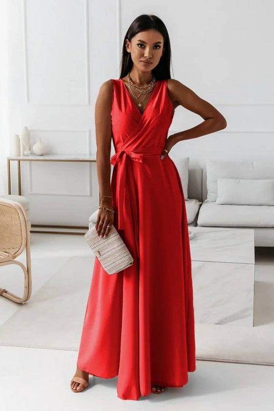 CWDMD6334_TIE WAIST V-NECK EVENING LONG GOWN DRESS