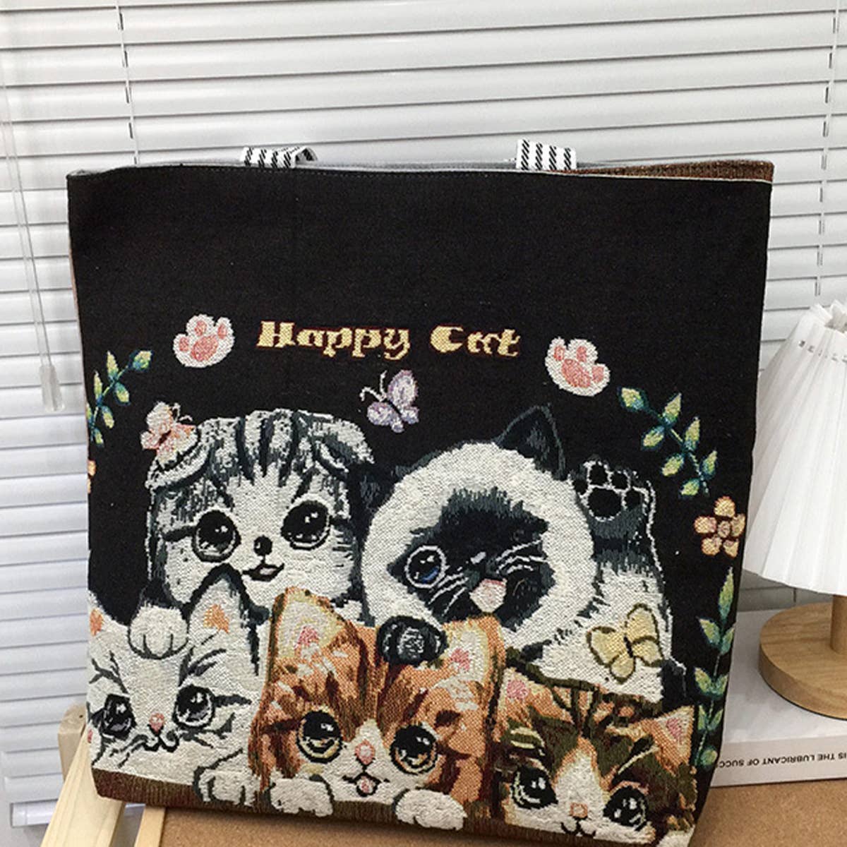 CUTE CAT EMBROIDERED CANVAS SHOULDER BAG TOTE BAG_CWAB1676