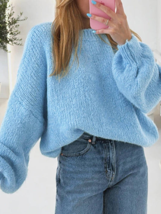 Lantern sleeve pullover solid-color knit sweater