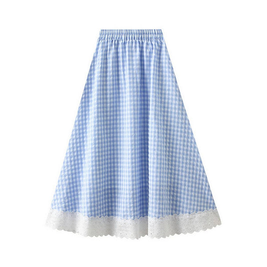 Lace Trim Plaid High-Waist A-Line Midi Skirt