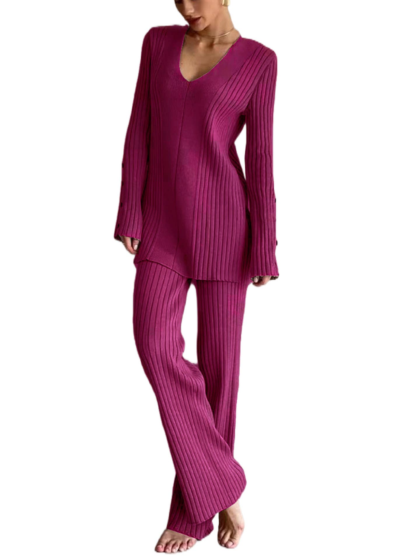 Long sleeves and trousers solid color knit suit