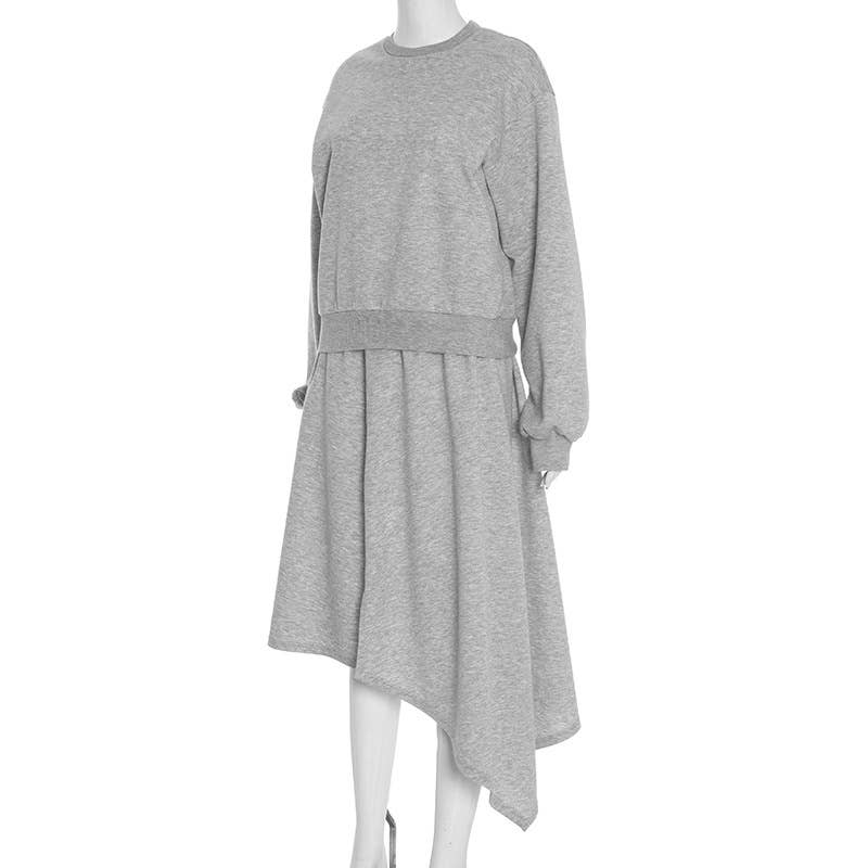 Round-neck casual sweatshirt semi-long skirt set