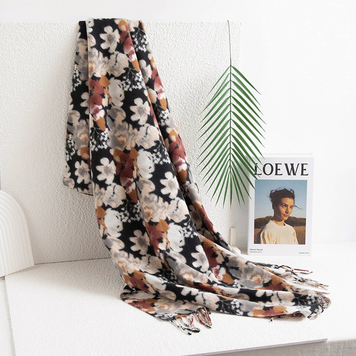 Floral Faux Cashmere Scarf??Soft Warm Tassel Shawl