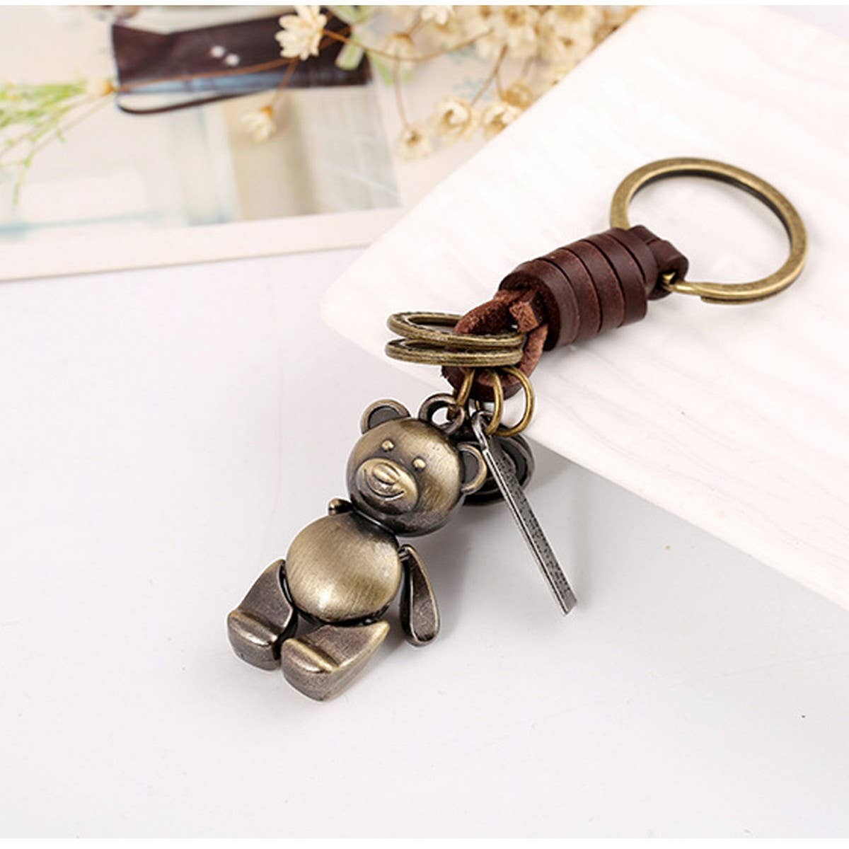 MOVABLE CARTOON BEAR LEATHER KEYCHAIN