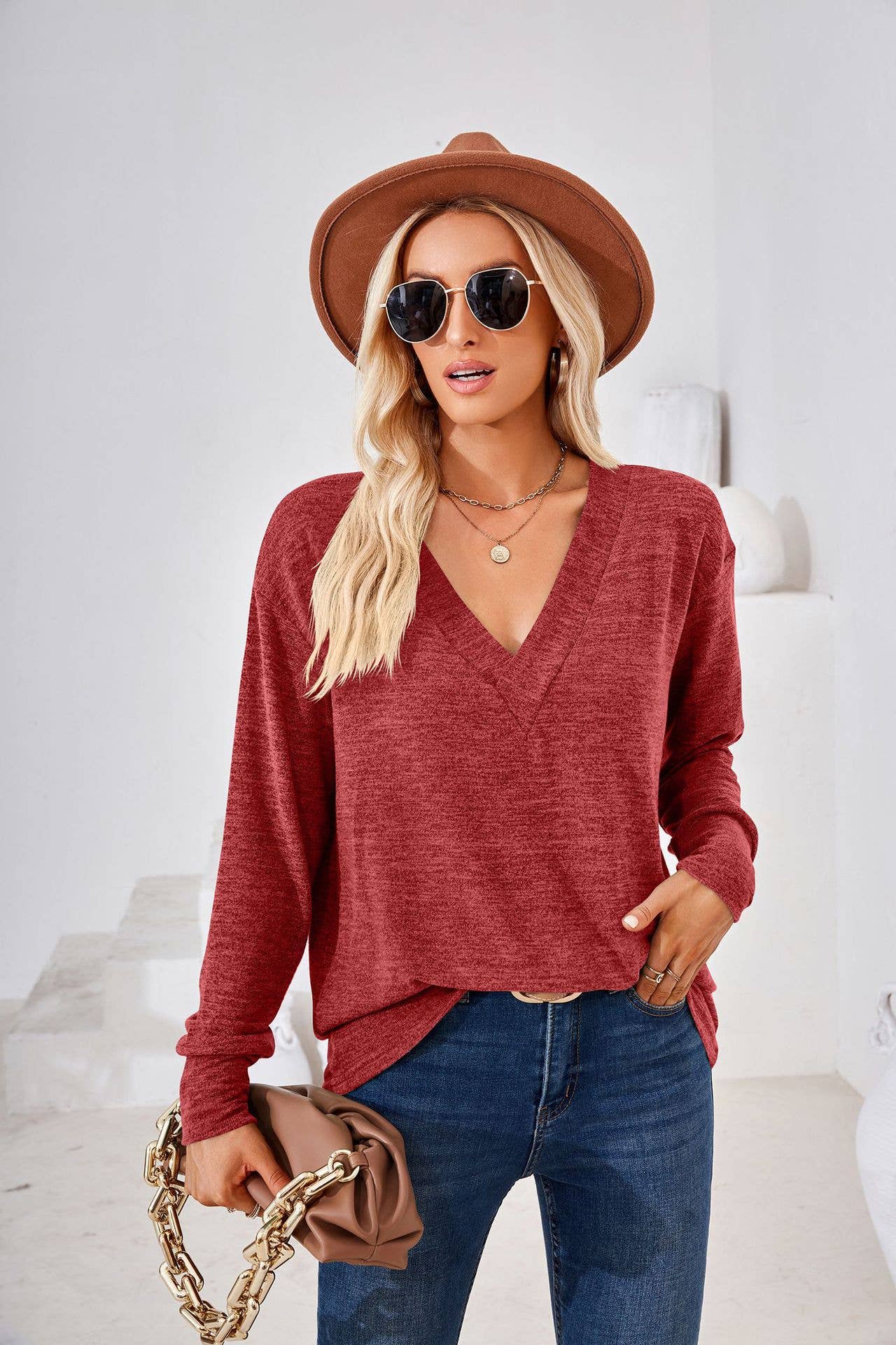 V-neck solid color patchwork long sleeve top