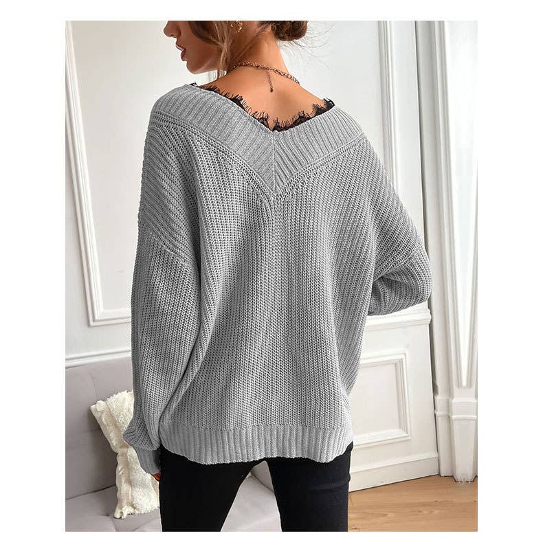 Patchwork Lace Jumper Solid Color Knit Sweater