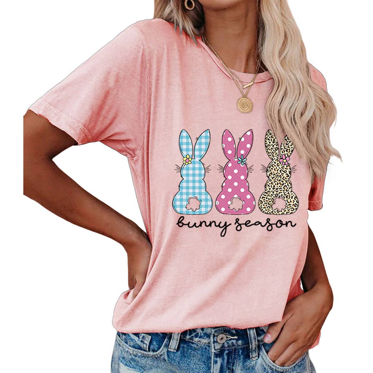 EASTER ROUND NECK LOOSE BUNNY PRINT T SHIRT_CWTTS0856
