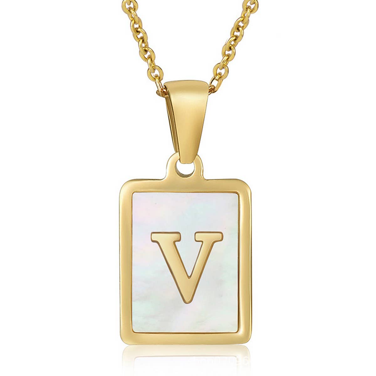CWAJE1917_Square Stainless Steel White Shell Letter Necklace