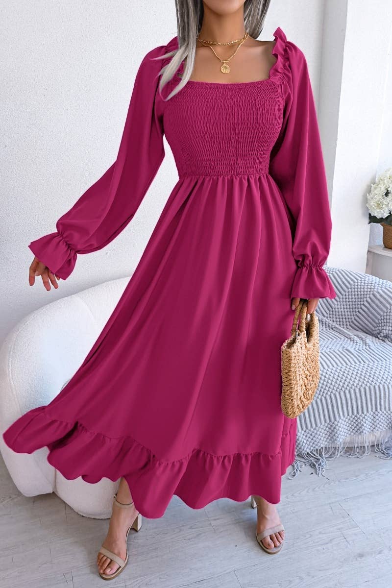 CWDMD2663_RUFFLED DRESS WITH SQUARE COLLAR FLARED SLEEVES