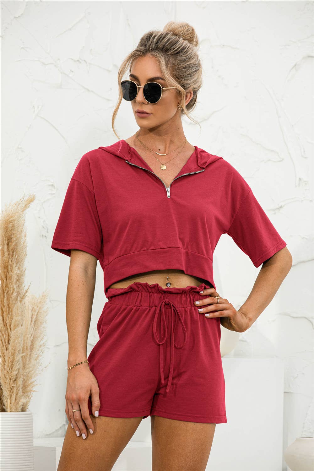 SOLID COLOR HOODED ZIPPER SHORTS CASUAL SUIT