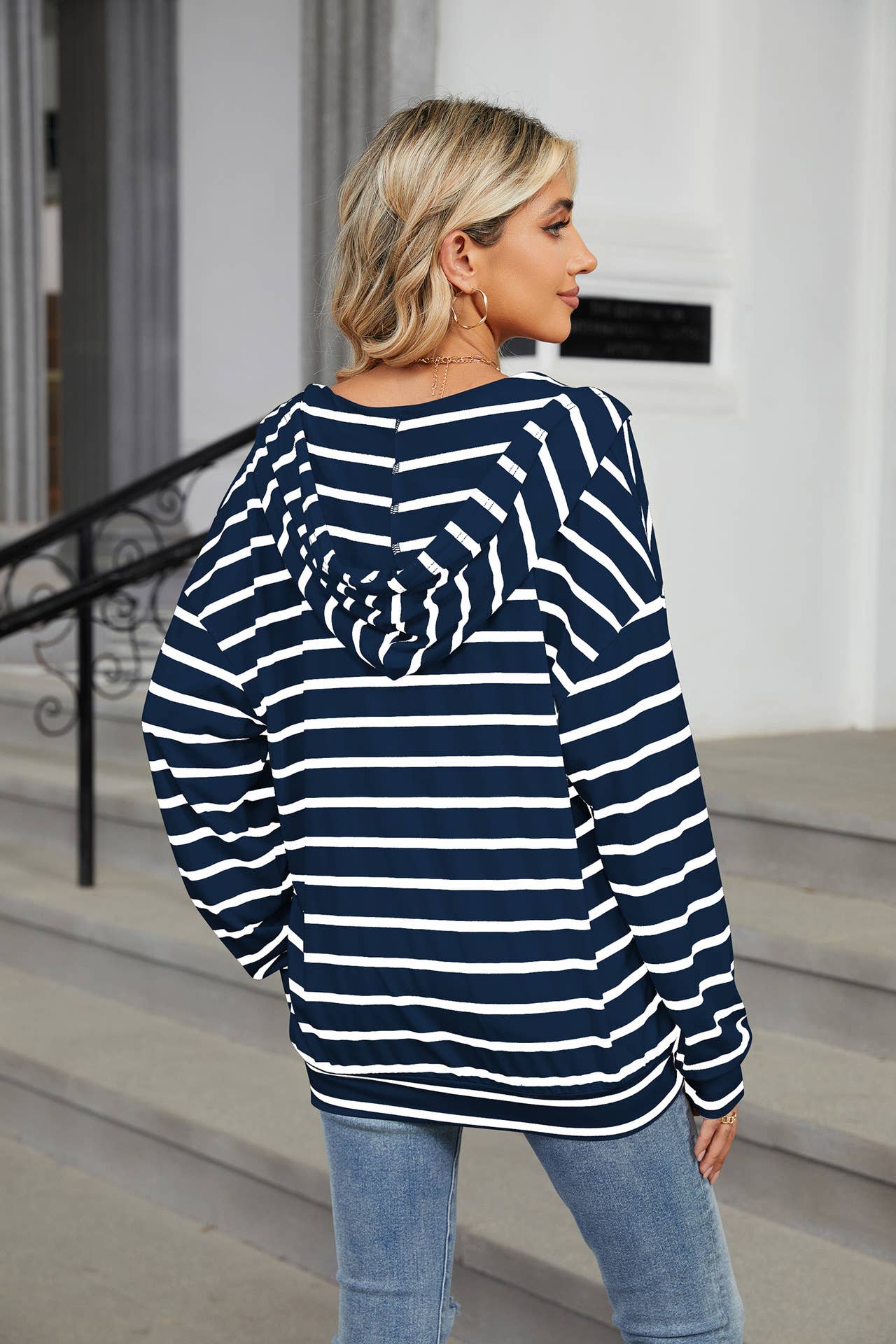 Striped V-neck hooded long-sleeved sweatshirt