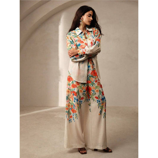 Fashion floral printed shirt and trousers set