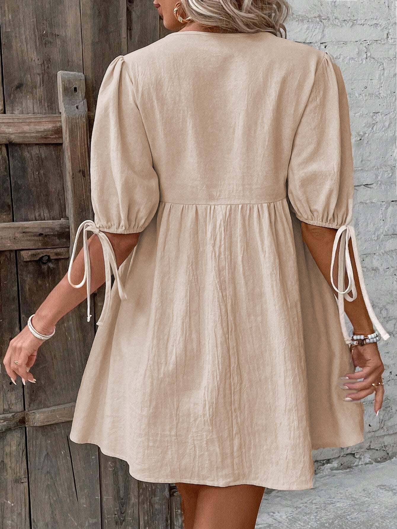 LOOSE WOVEN DEEP V-NECK LACE-UP DRESS