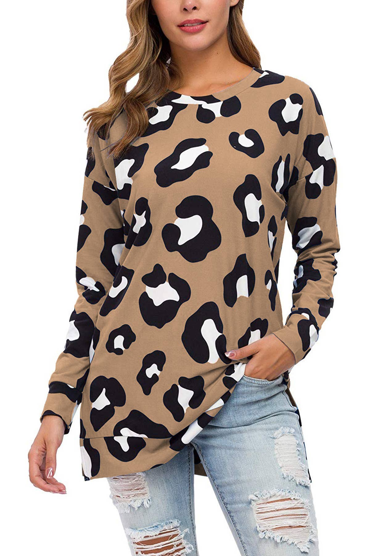 LEOPARD PRINT CREW NECK LOOSE PULLOVER T-SHIRT