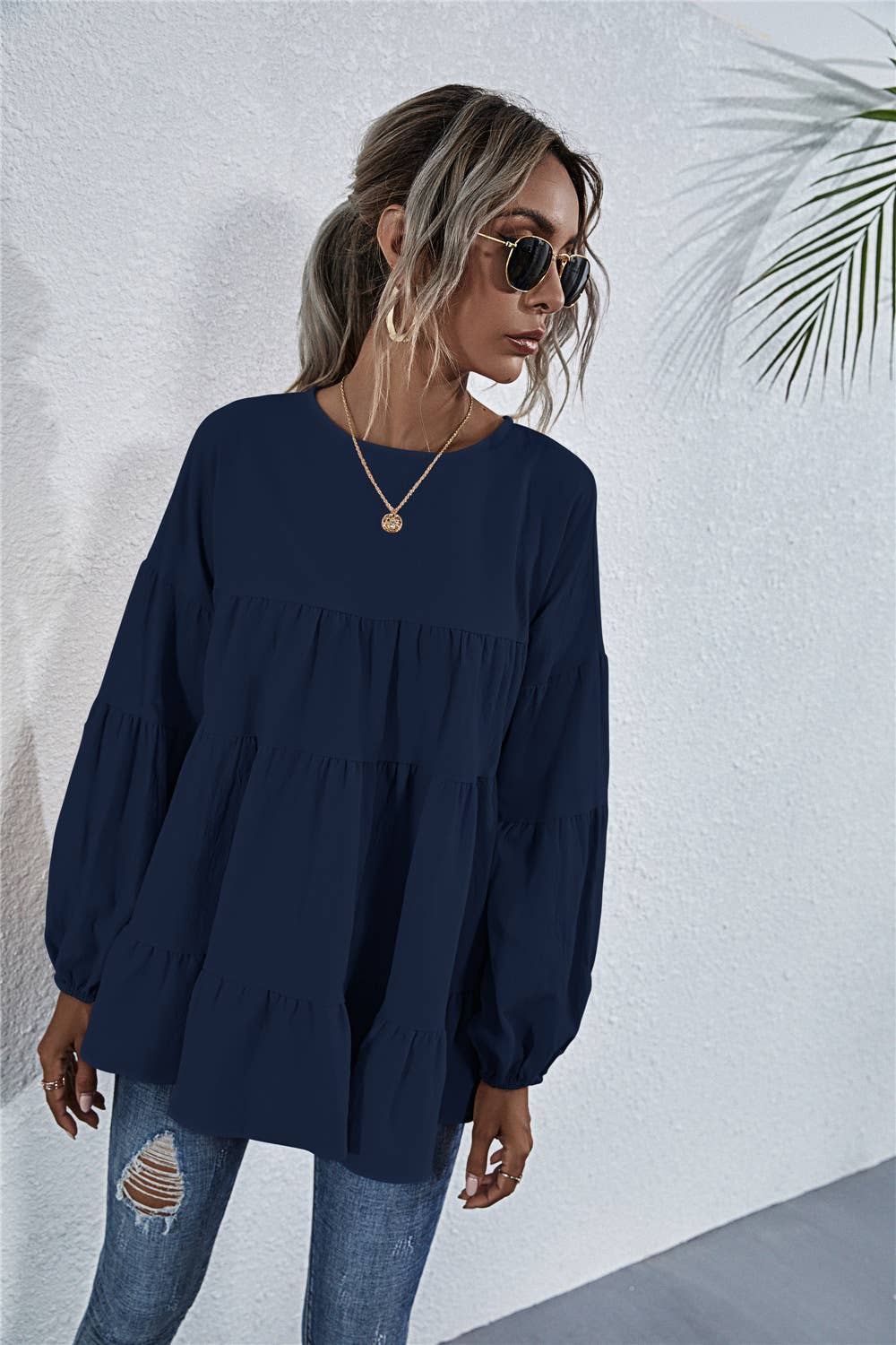 SOLID COLOR ROUND NECK LANTERN SWING LOOSE TOP