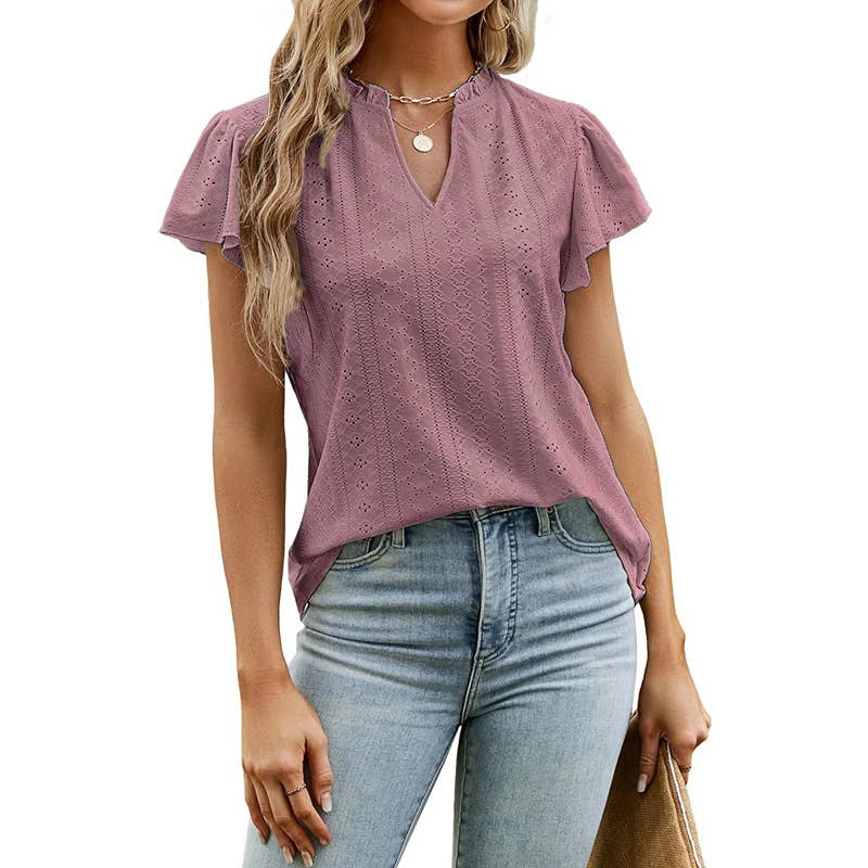 JACQUARD V-NECK STACK SLEEVE T-SHIRT TOP