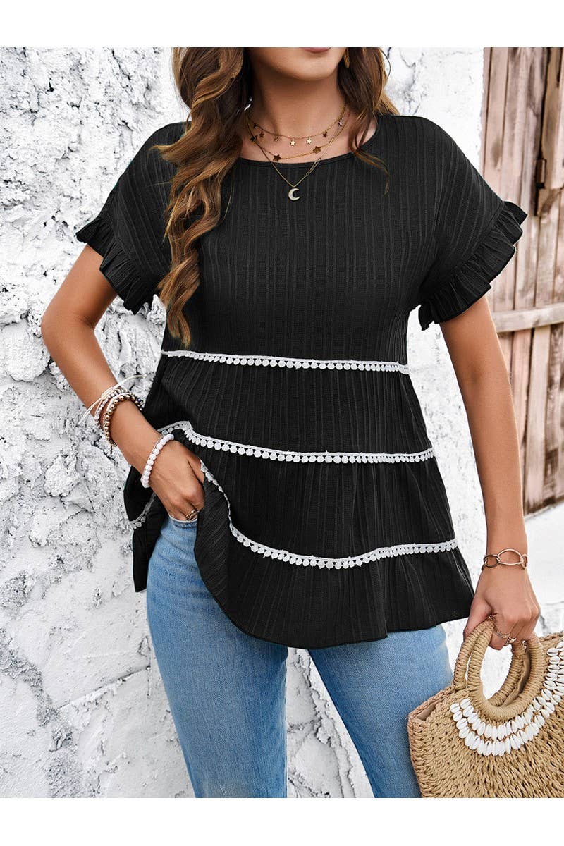 Cwtts1107_Solid Color Crew Neck Short Sleeved Loose Blouse