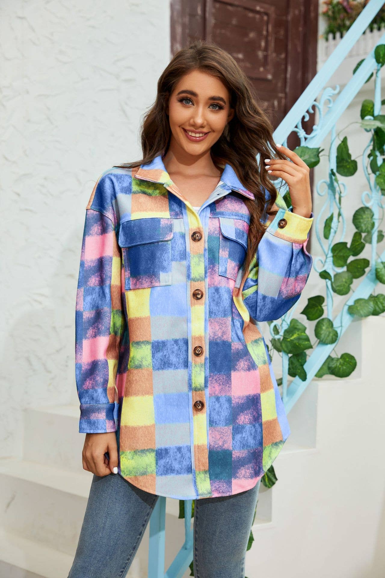 Tweed color-blocked fashionable shirt jacket