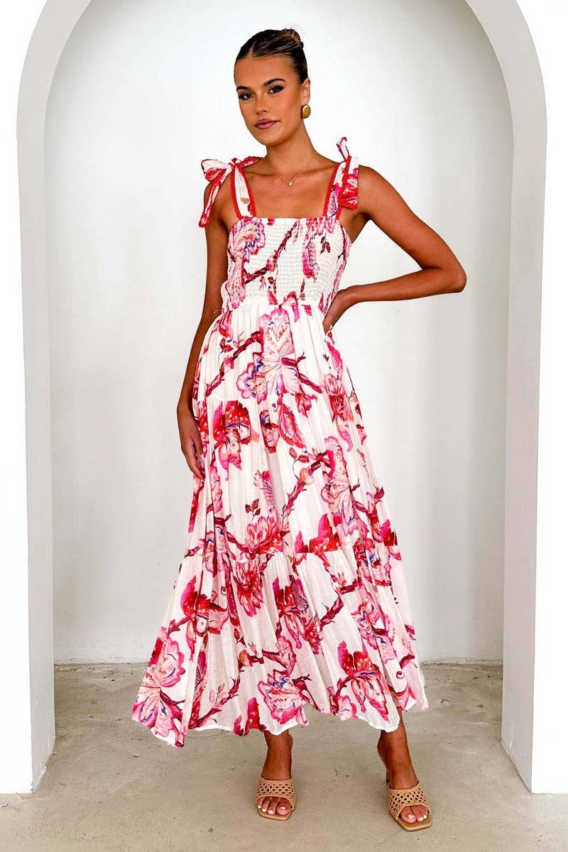 CWDMD5611_SPAGHETTI STRAP FLORAL SMOCKED WAIST MAXI DRESS