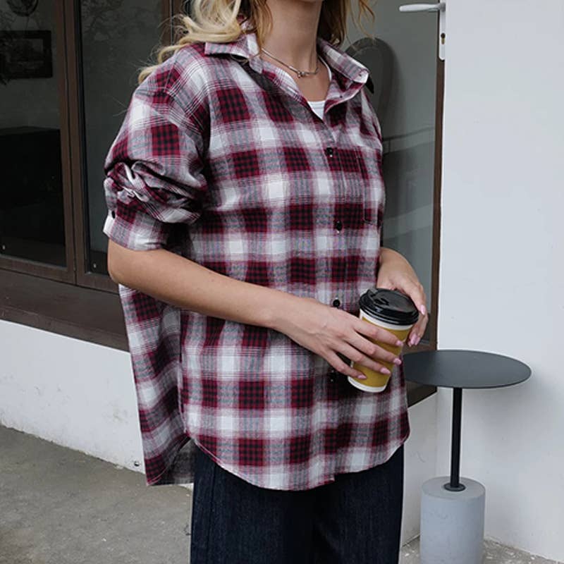 FASHION PERSONALITY PLAID BAGGY LAPEL SHIRT