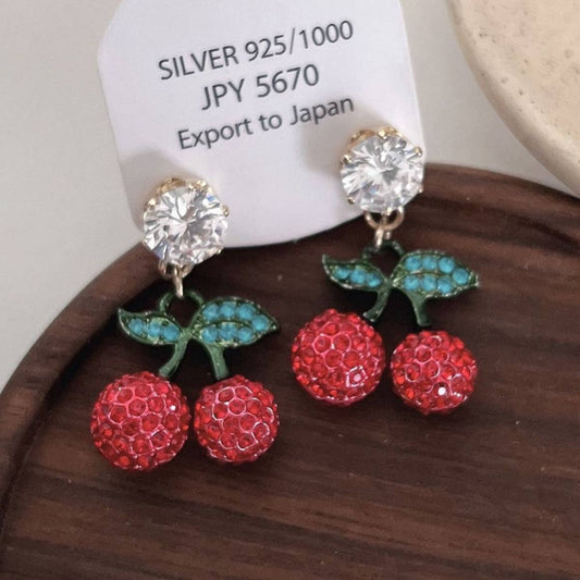 CUTE RED ZIRCON CHERRY EARRINGS