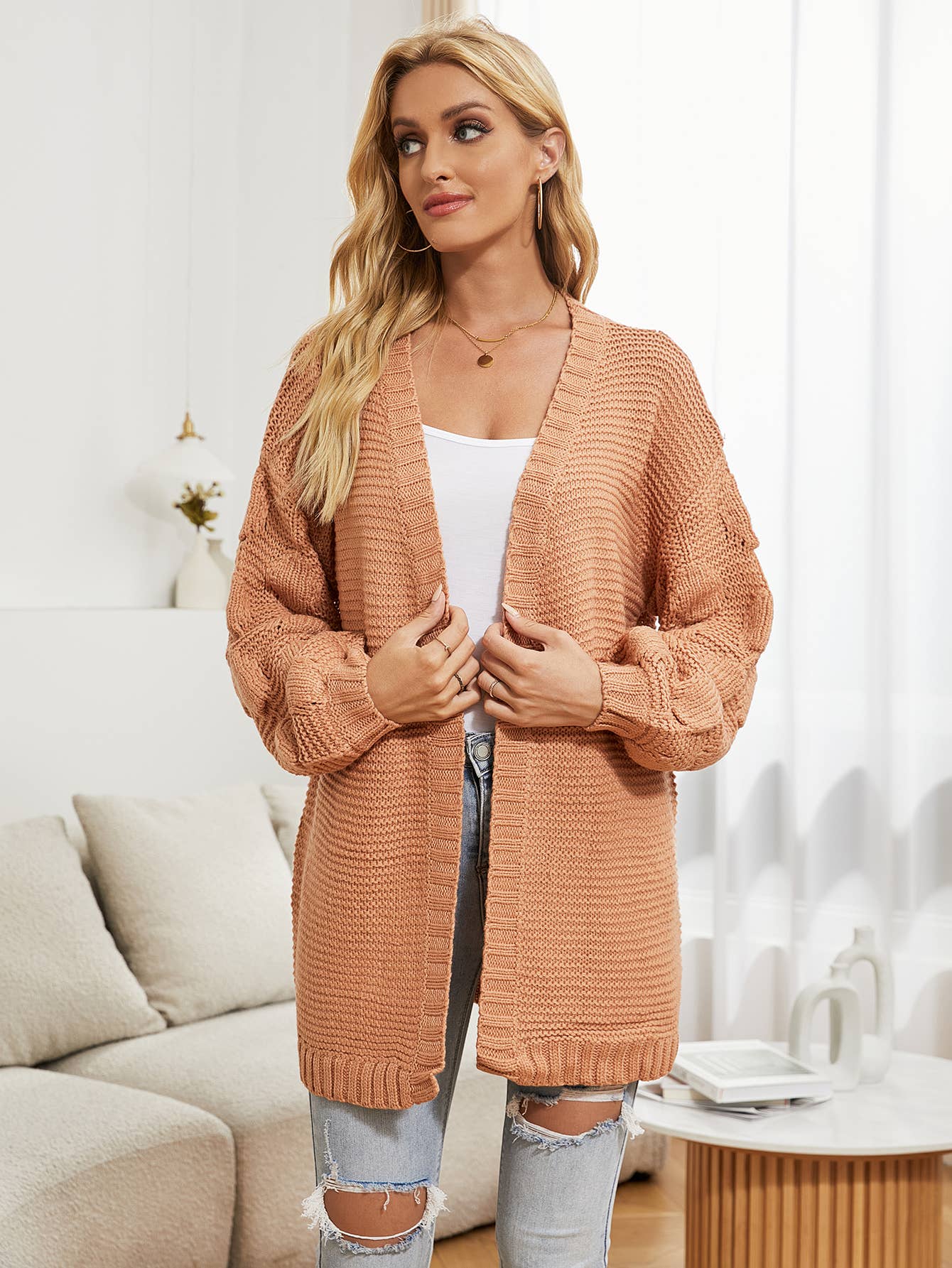 KNIT CARDIGAN PUFFY SLEEVE COAT SWEATER