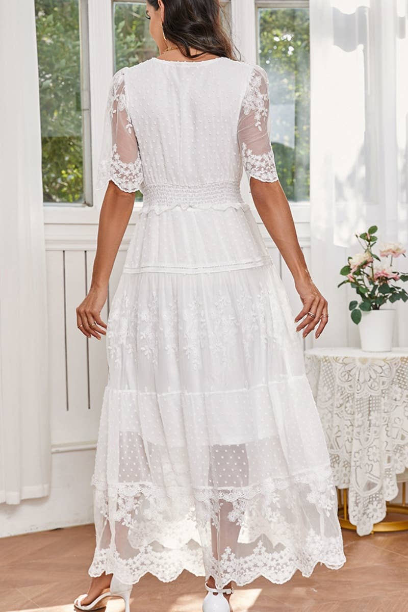 CWDMD3190_LACE SPLICING V-NECK WAIST WAIST DRESS LONG